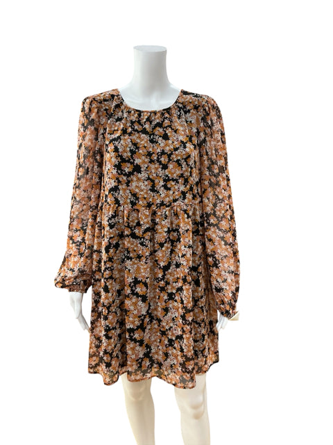 Sanctuary Floral Long Sleeve V-Neck Mini Dress Black Burnt Orange Pink Size S NWT