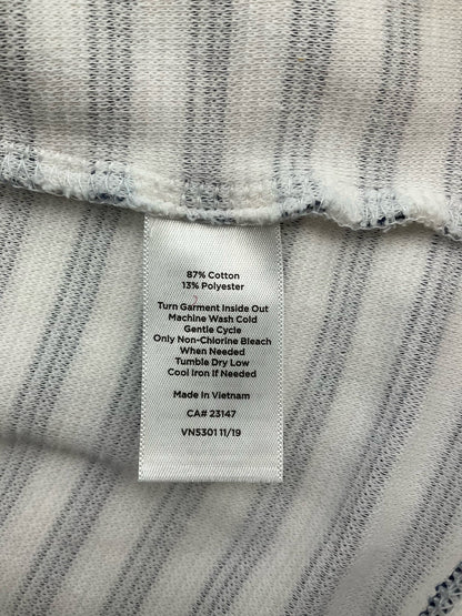 Talbots white and navy stripe ladies top with balloon sleeves and boatneck, size medium, in a casual preppy style.