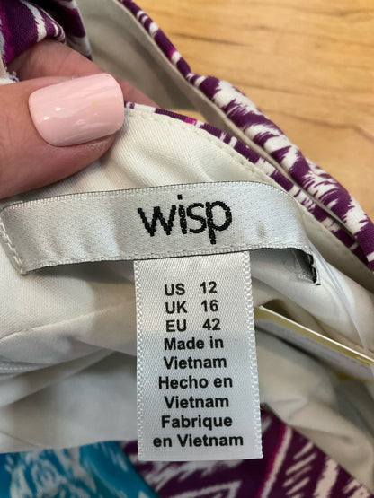 Wisp Ikat Print Dress Size 12 Aqua Purple Empire Waist X-Back Sleeveless