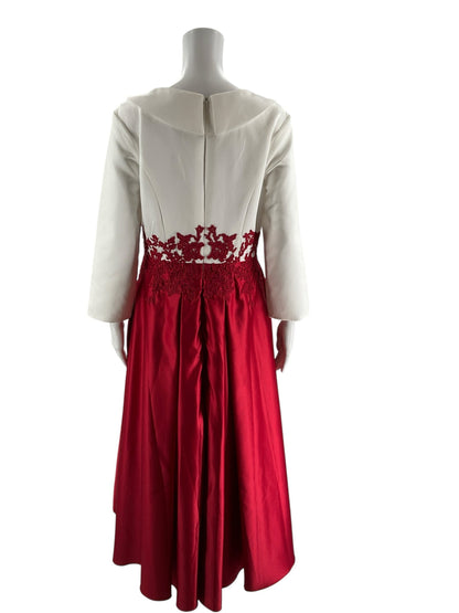 White and red embroidered No Brand midi dress, high-low fit and flare style, size 12, perfect for evening wear.