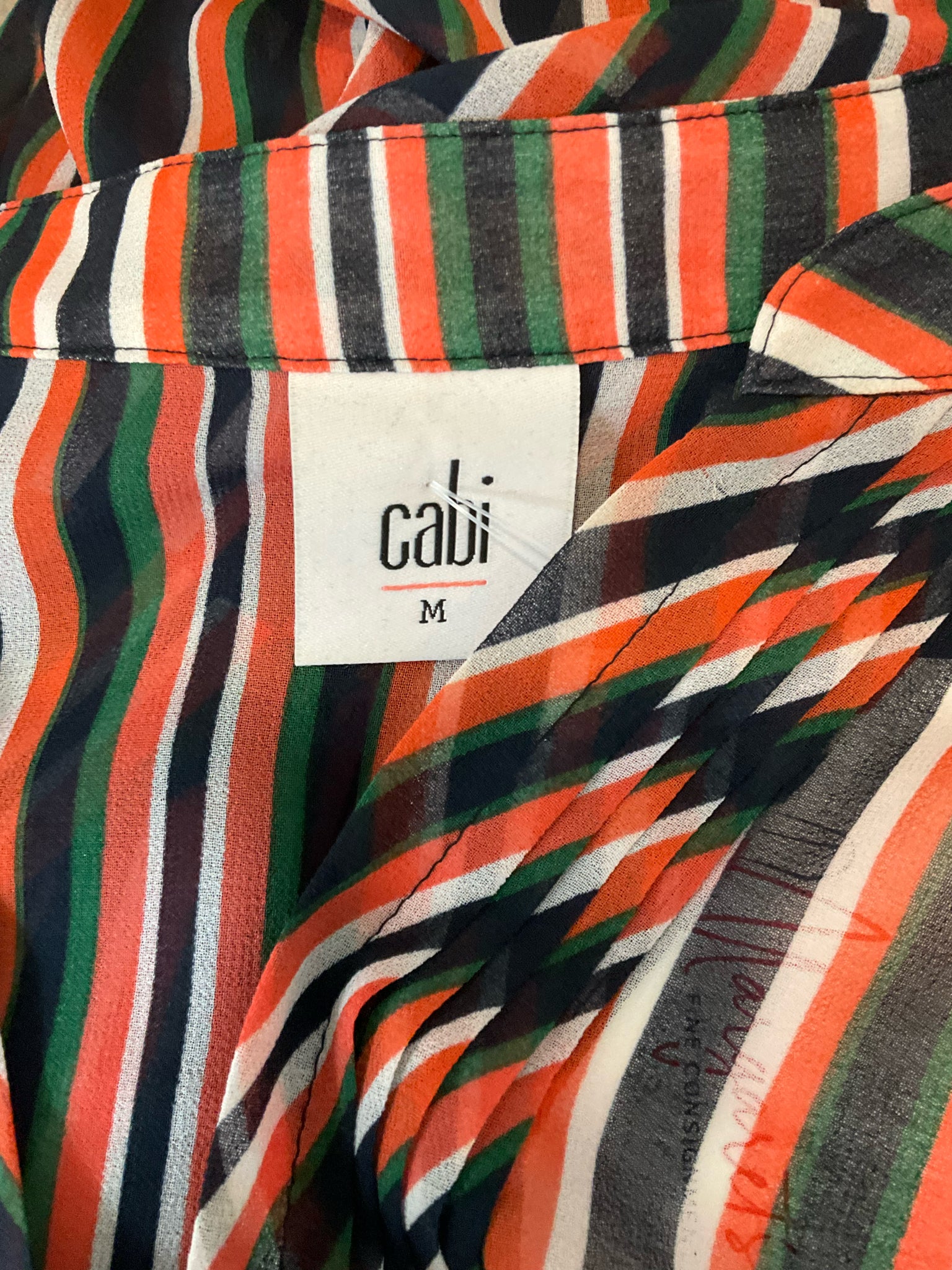 cabi Navy/Green/Coral Long Sleeve Chevron Tunic Top Size Medium Navy Green Coral Stripe Sheer Tie Cuff Blouse 5519 - Size M