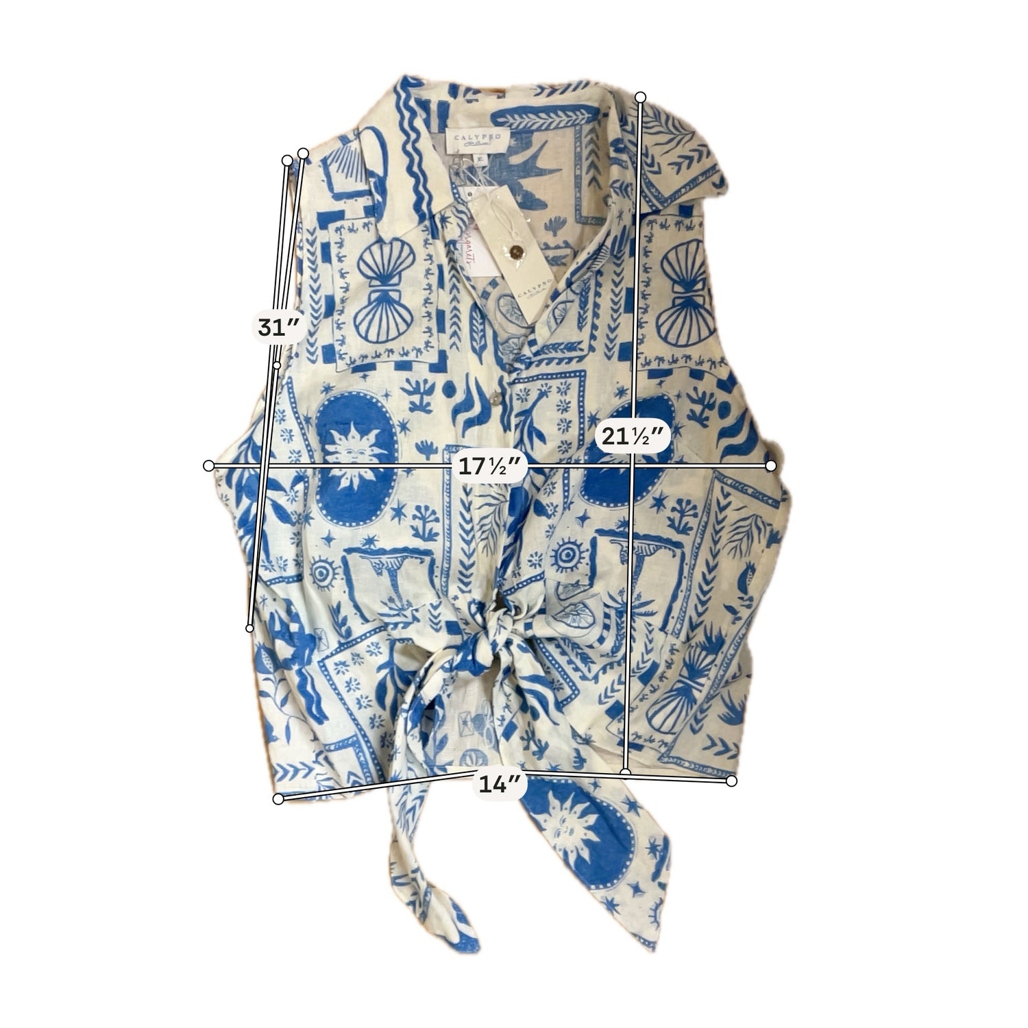Calypso St. Barth white/blue Sleeveless Coastal Print Linen Blend Tie-Front Tank Top XL - Size XL