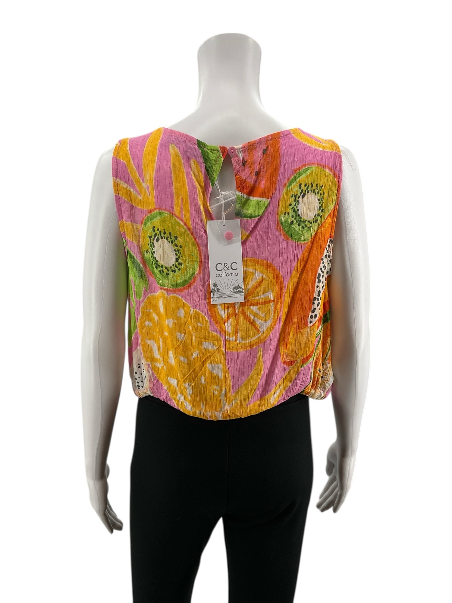 C&amp;C California Pink/Orange/Green Sleeveless Tropical Fruit Print Crop Tank Top Size Large NWT - Size L