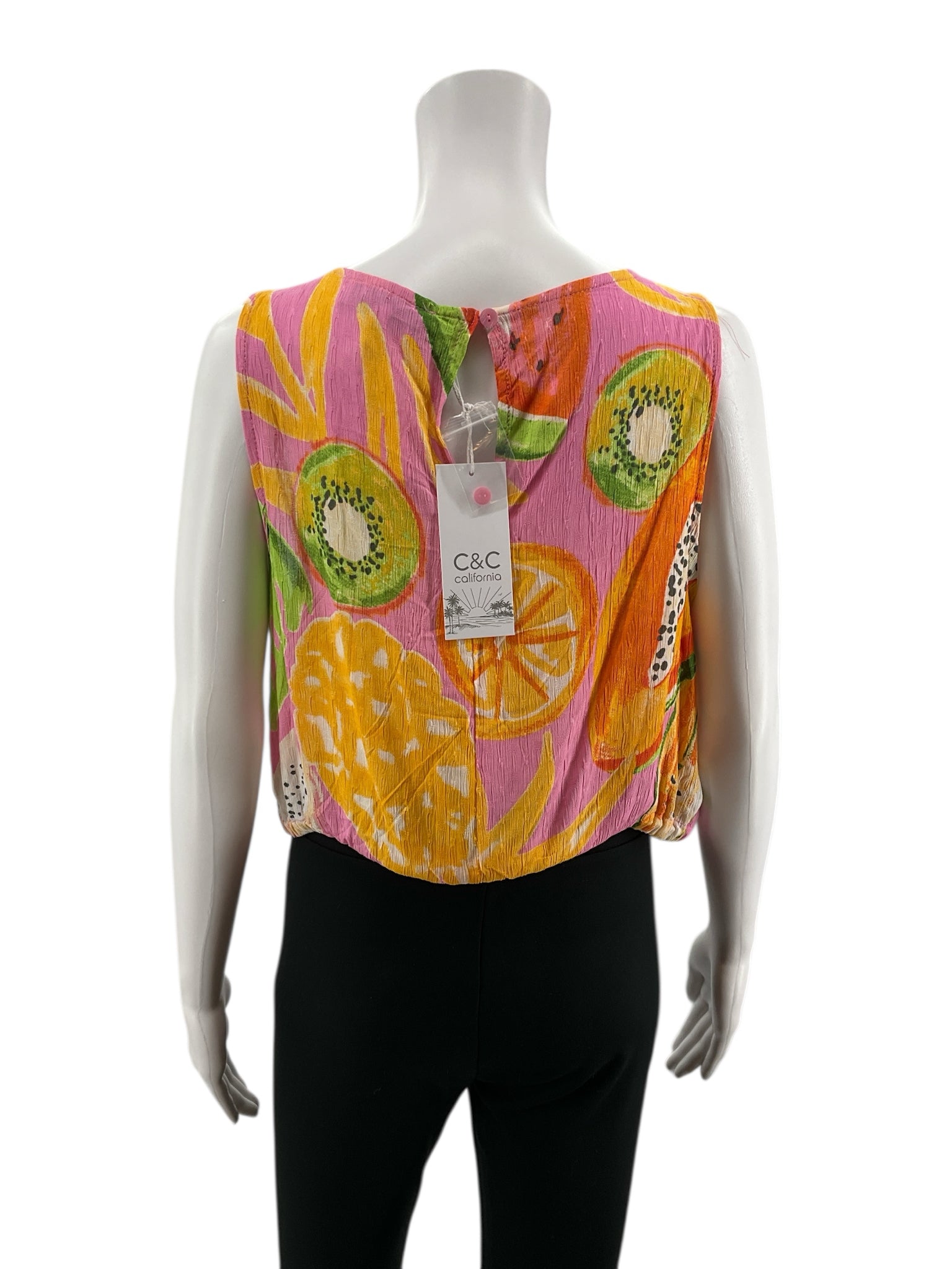 C&amp;C California Pink/Orange/Green Sleeveless Tropical Fruit Print Crop Tank Top Size Large NWT - Size L