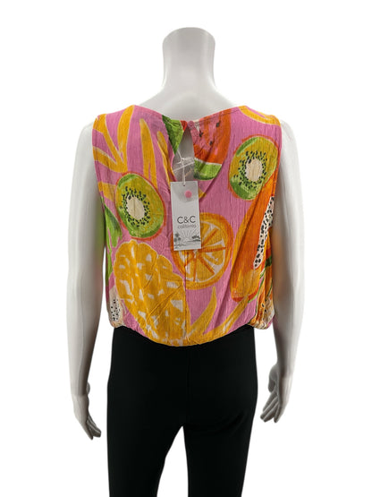 C&amp;C California Pink/Orange/Green Sleeveless Tropical Fruit Print Crop Tank Top Size Large NWT - Size L
