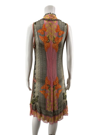 Tricot Chic gray/coral/yellow Shift Italian Silk-Blend Butterfly &amp; Baroque Print Ruffle Dress Size 10 - Size 10