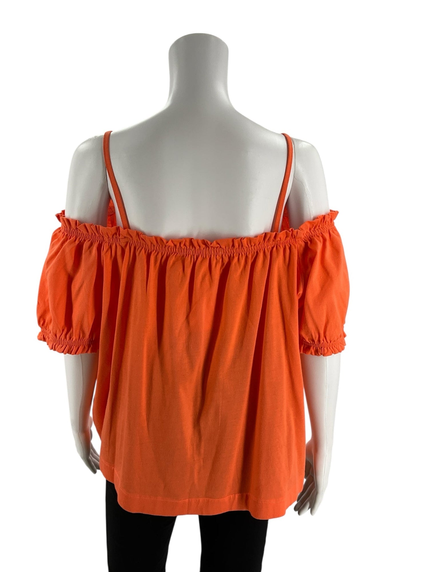 H&amp;M orange solid cold shoulder top for ladies, size large, featuring stylish cutouts and short sleeves.