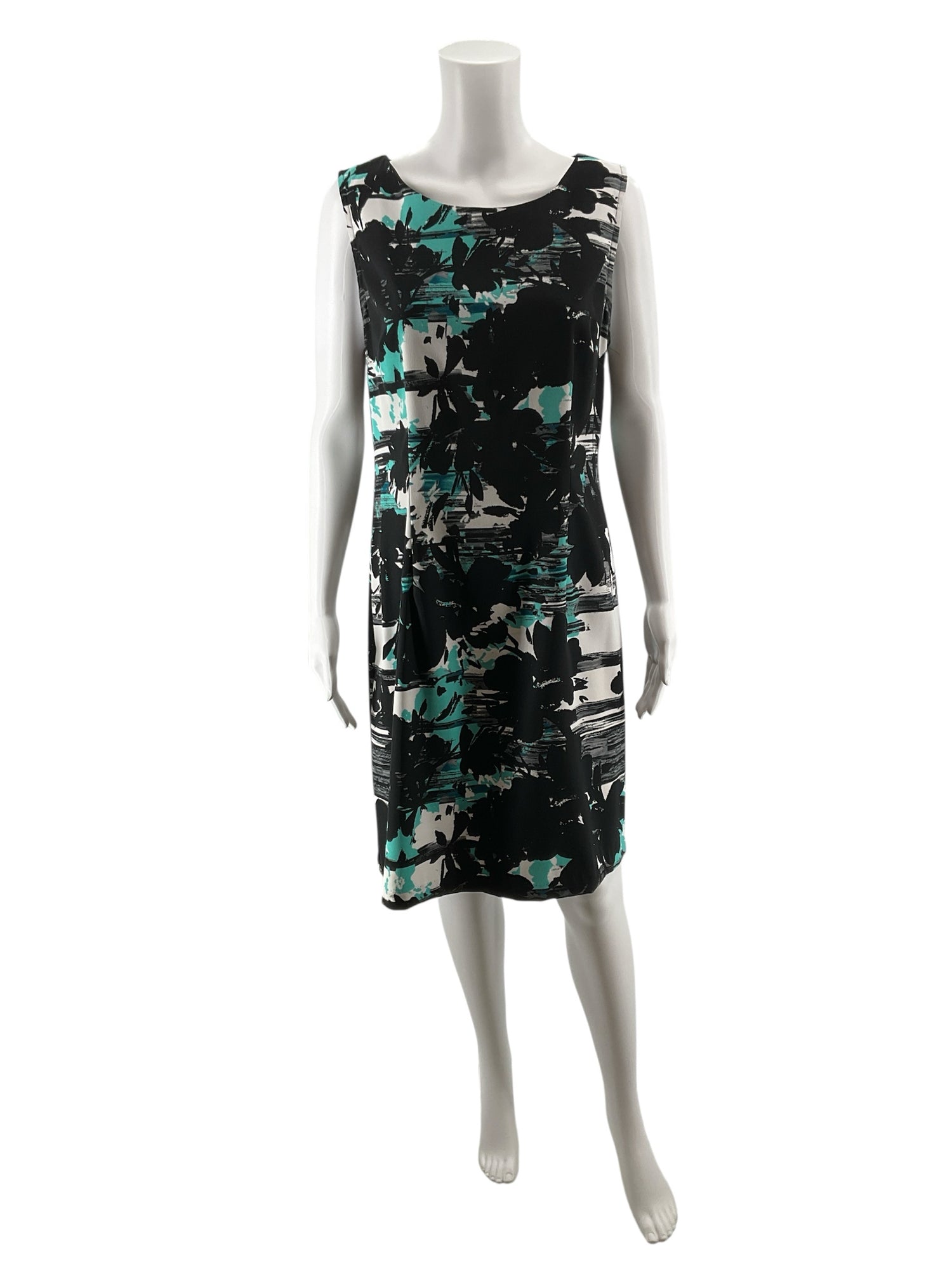 Connected Apparel Floral Sheath Dress Black White Teal Size 12