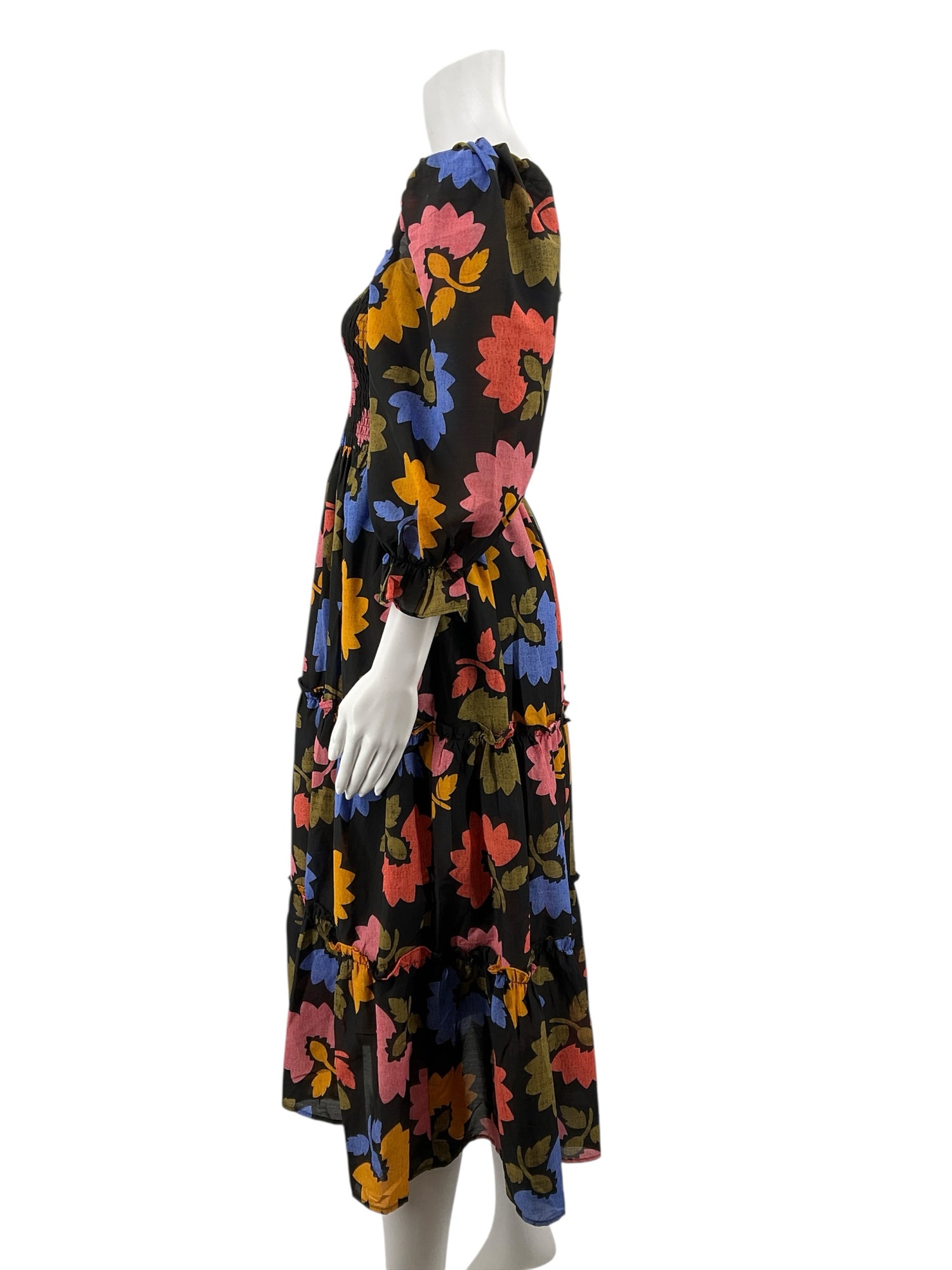 J Marie Black/Blue/Coral/Mustard Floral Pre-Owned Ladies Dress - Size Medium