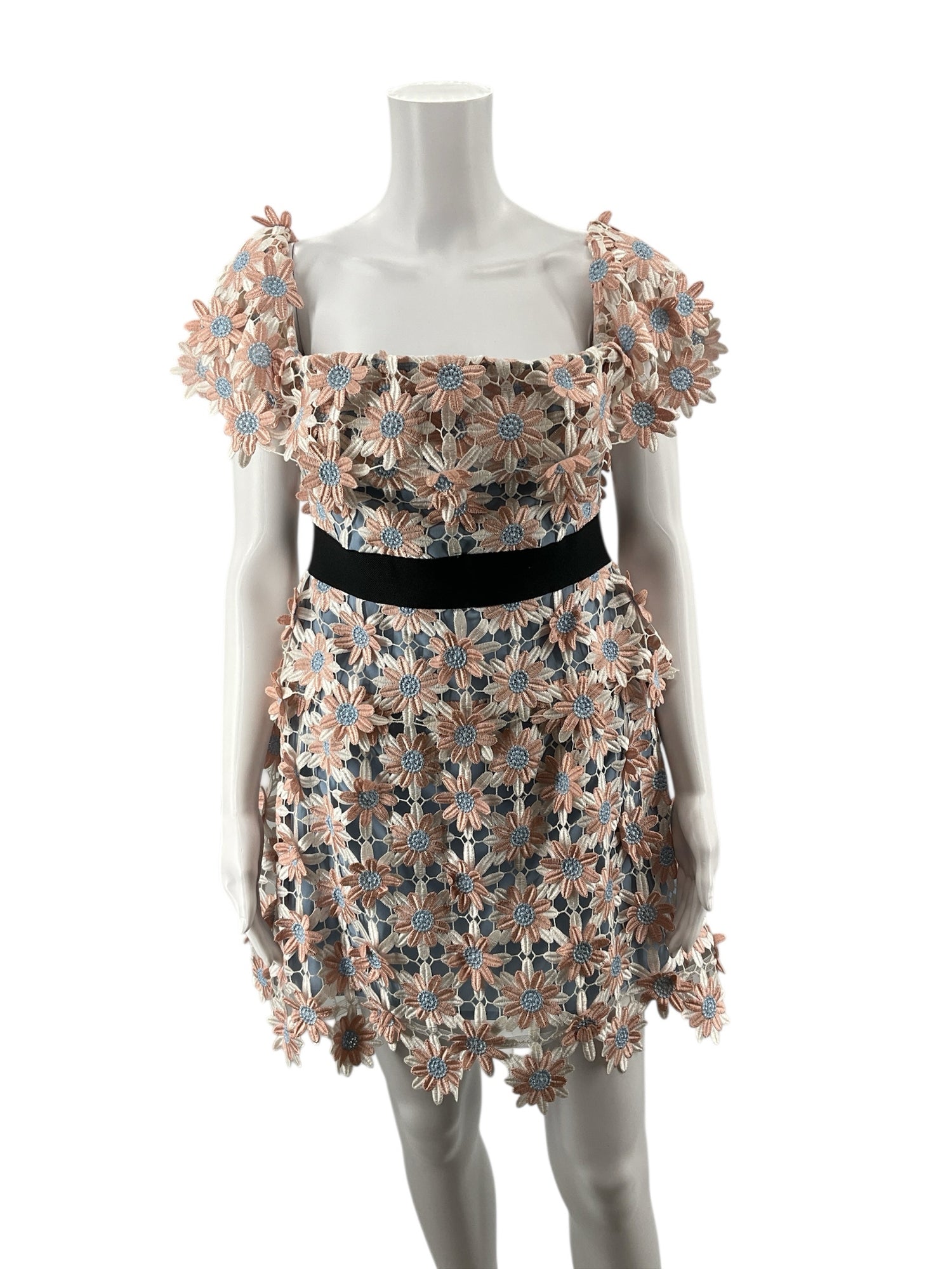 self portrait blush/blue Cocktail Self-Portrait Felicia Daisy Guipure Lace Off-Shoulder Mini Dress Size 8 - Size 8