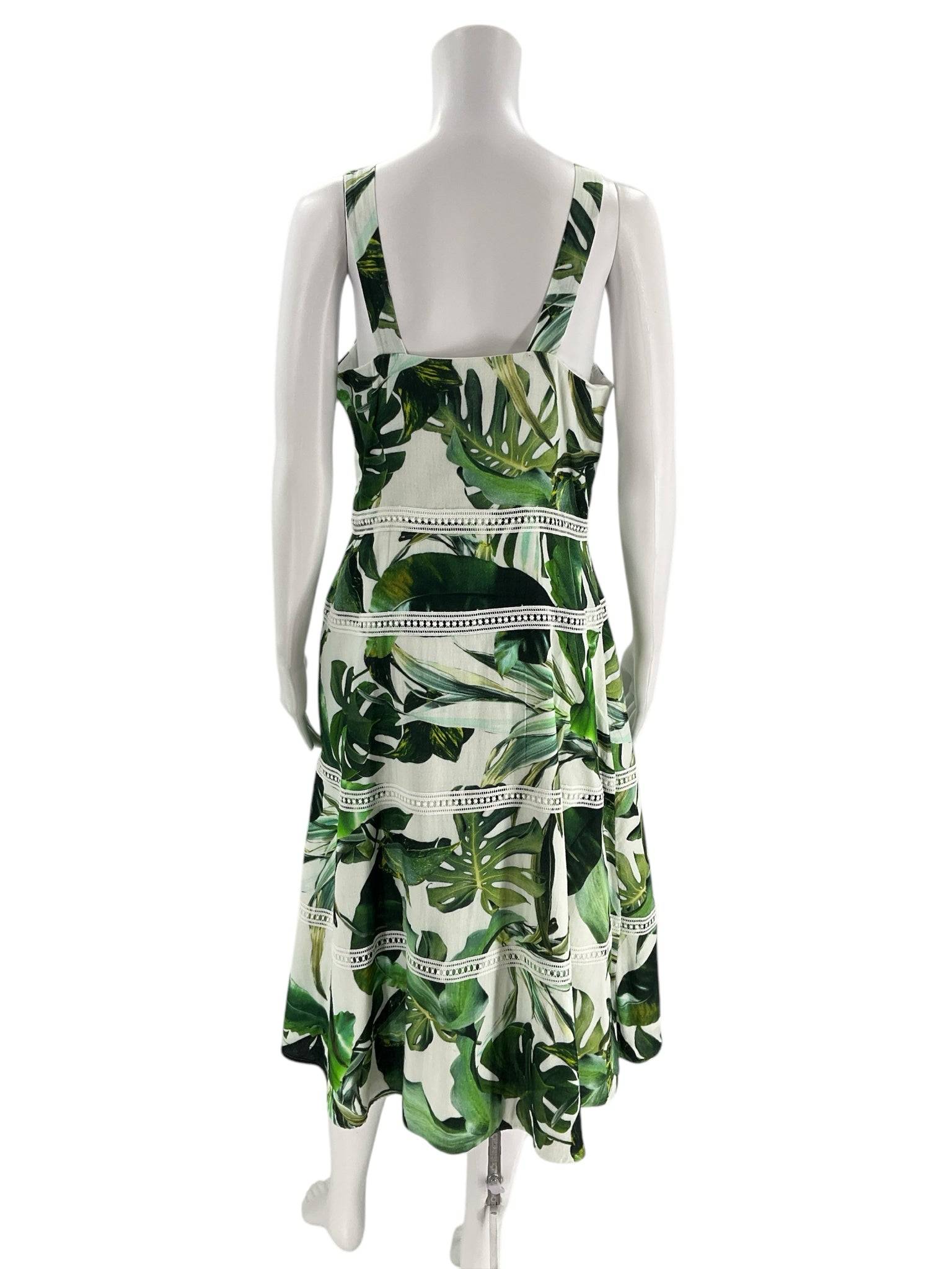 Back view of Gianni Bini white and green leaf print sleeveless maxi dress, Size 8, sold by Margaret’s Fine Consignments.