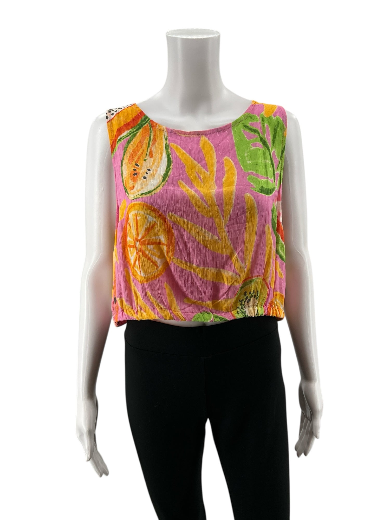 C&amp;C California Pink/Orange/Green Sleeveless Tropical Fruit Print Crop Tank Top Size Large NWT - Size L