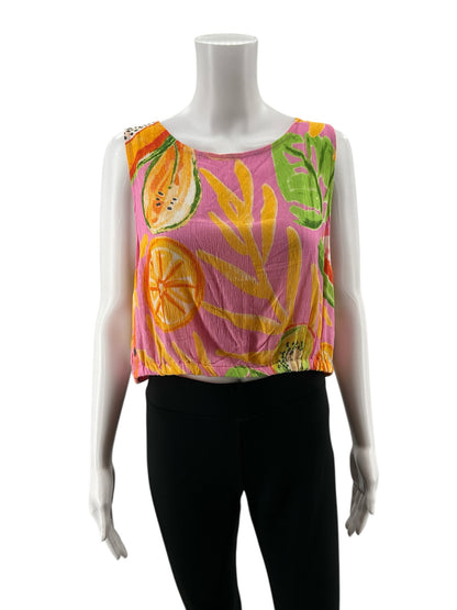 C&amp;C California Pink/Orange/Green Sleeveless Tropical Fruit Print Crop Tank Top Size Large NWT - Size L