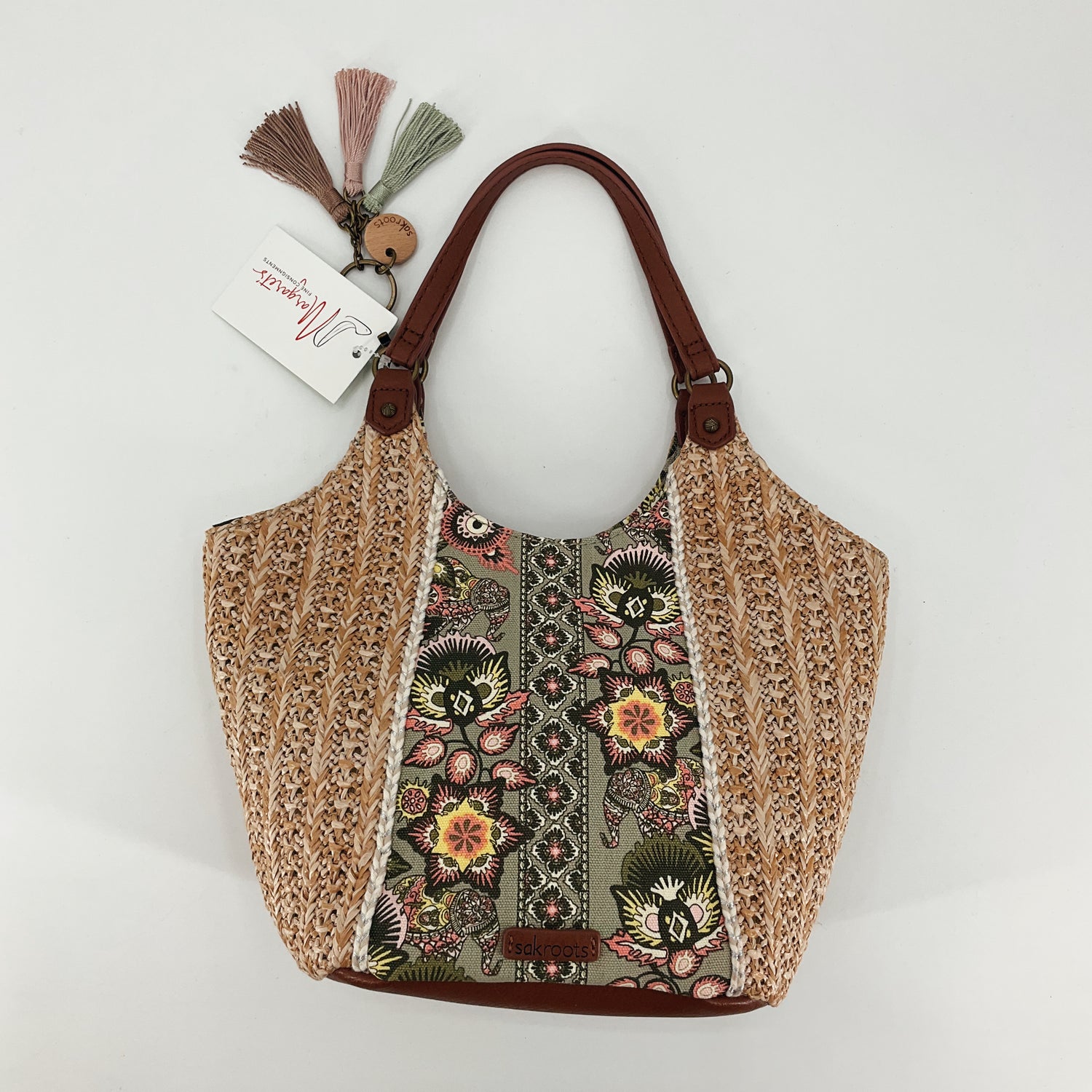 sak roots tan/green/pink straw Purse