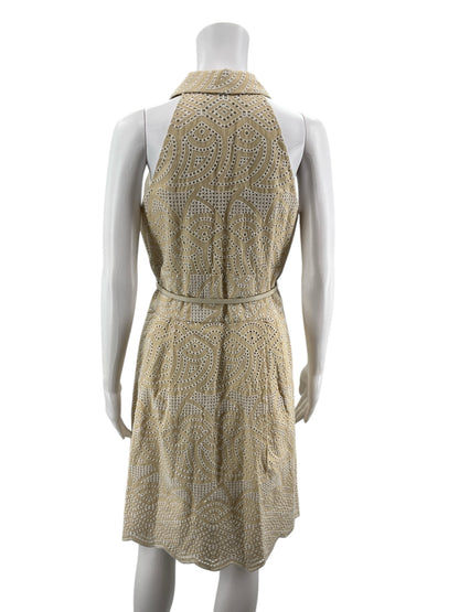 Antonio Melani tan/white A-Line Geometric Eyelet Shirtdress Tan Beige Cotton Size 8 - Size 8