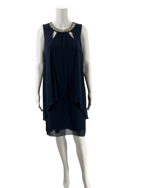 Front view of SLNY navy sleeveless layered chiffon dress with rhinestone neckline, size 10, ideal for weddings or evening events.