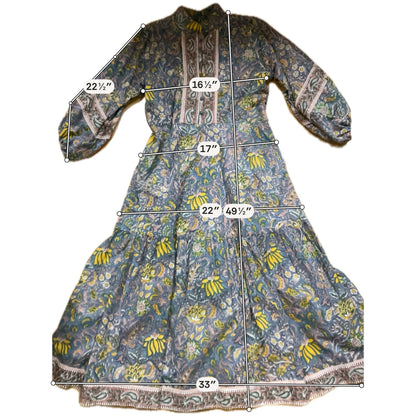 Sue Sartor Flounce Dress Size Small Blue Floral Paisley Print Boho Midi - ONLINE ONLY
