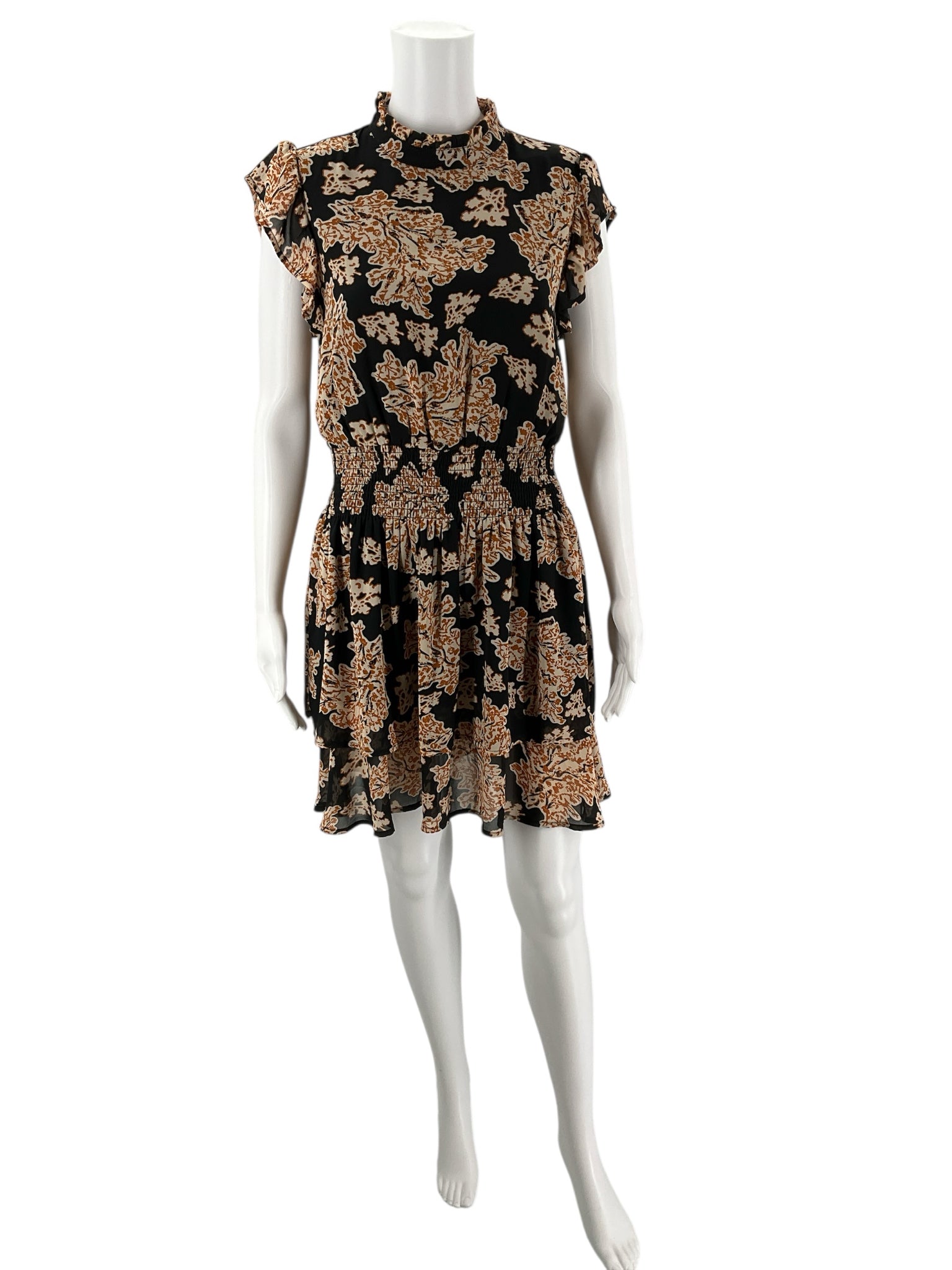 THML Black/Camel Flora Dress - Size Small featuring a ruffled high neck and floral print, gently used and ideal for casual or semi-formal wear.