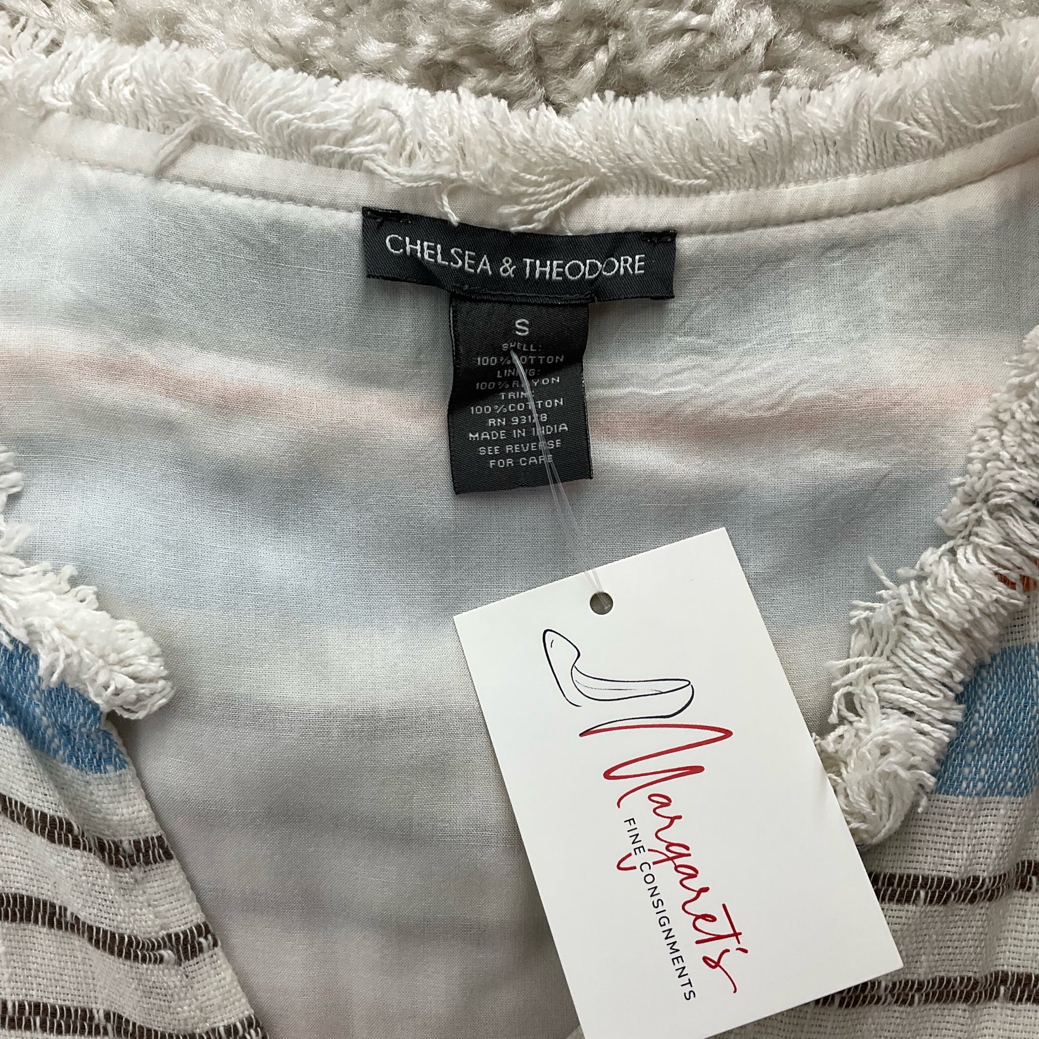 Chelsea &amp; Theodore White/Blue/Orange Stripe Ladies Pre-Owned Dress - Size Small - Margaret’s Fine Consignment