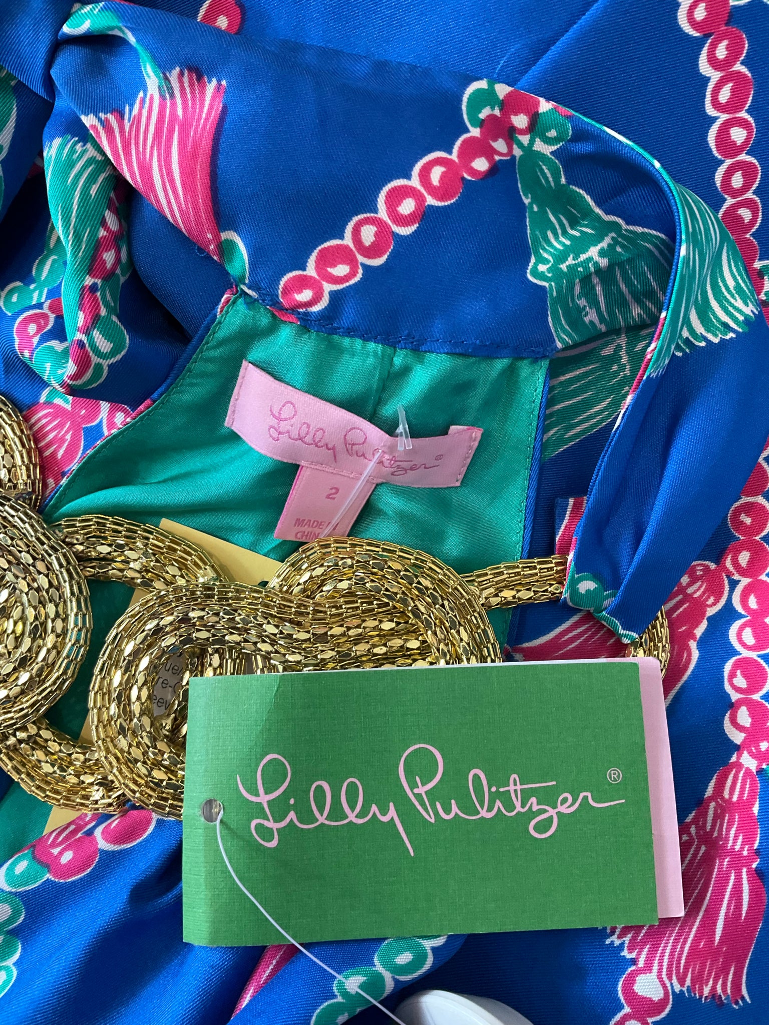Lilly Pulitzer blue/pink/green Shift Elsa Silk Halter Dress Tassels Print Size 2 - Size 2