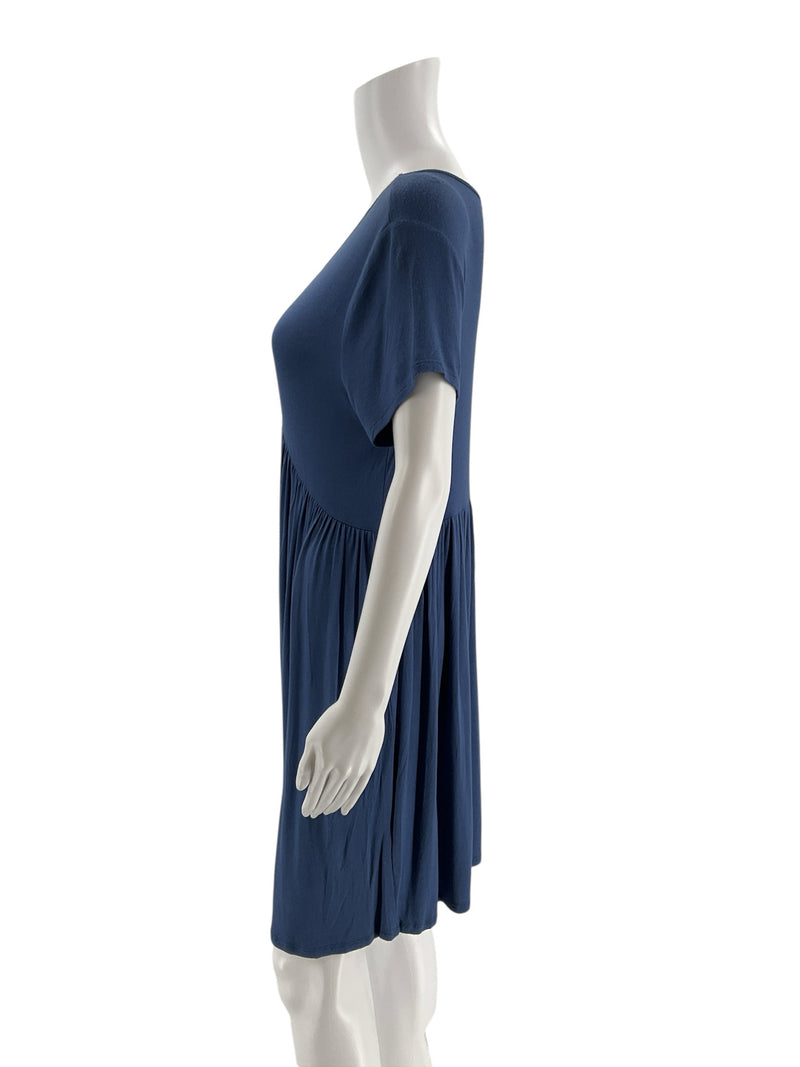 Side profile of Derek Heart Blue Solid Pre-Owned Ladies New With Tags Dress - Size Large showing soft drape and casual mini length.