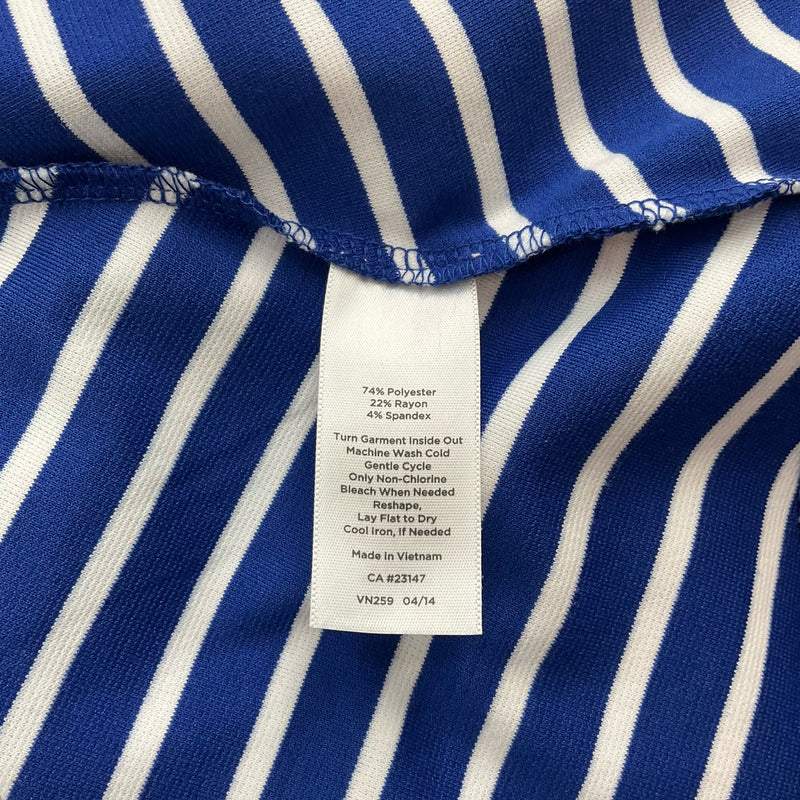 Fabric content label of Talbots Blue/White Stripe Dress - Size 1X; made of polyester, rayon, and spandex for stretch and comfort.
