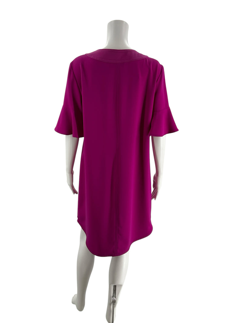 Back view of Trina Turk Fuschia Solid Pre-Owned Ladies Dress Size 10 showing clean seam lines and relaxed shift fit with bell sleeves.