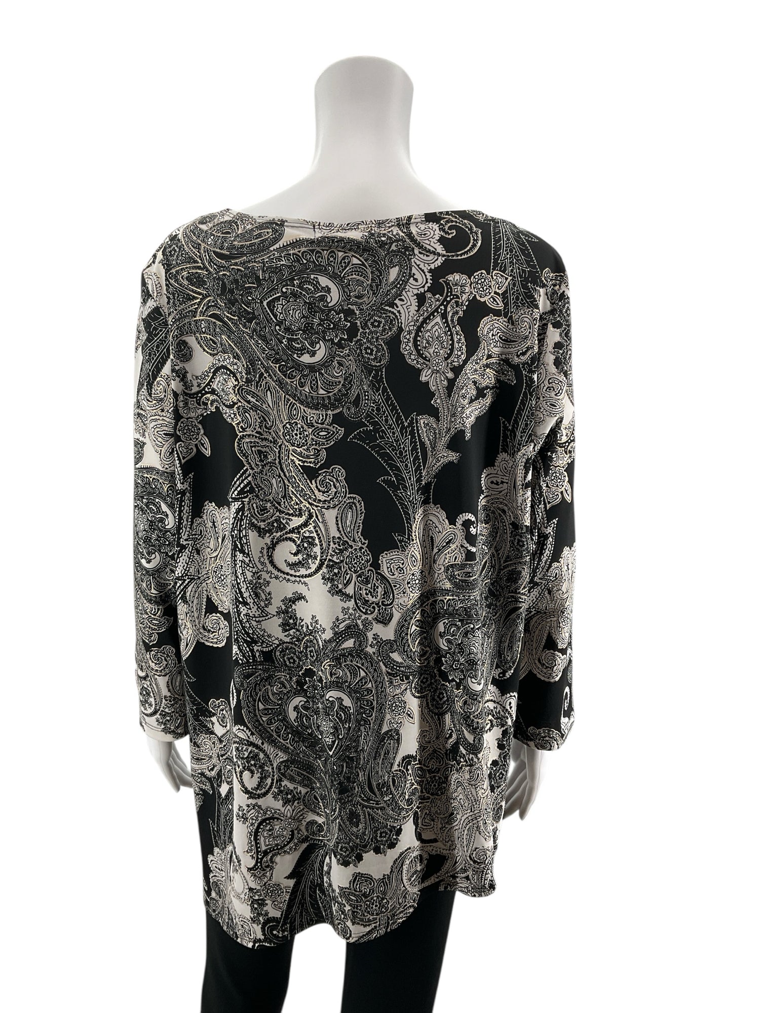 Travel Elements Paisley Print Tunic Top Black White Gold 3/4 Sleeve XL
