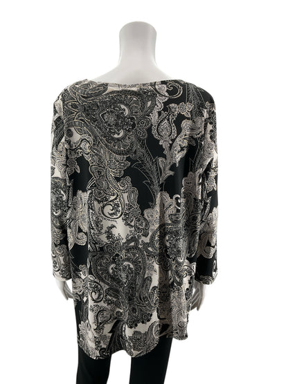 Travel Elements Paisley Print Tunic Top Black White Gold 3/4 Sleeve XL