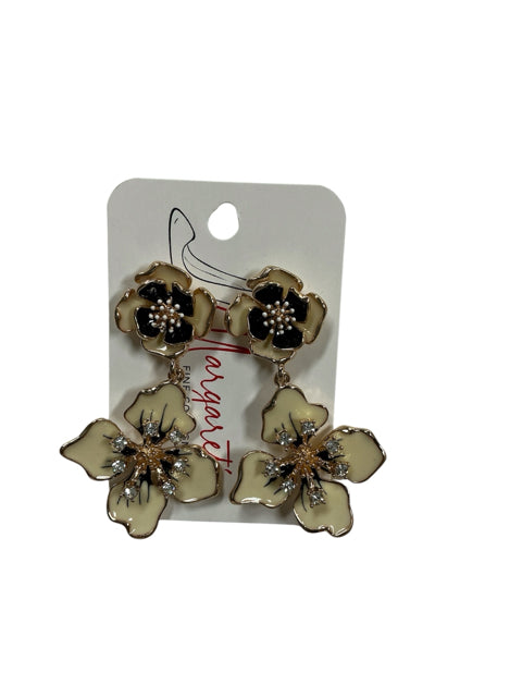 Asgarst Two-Tier Floral Statement Earrings Ivory Enamel &amp; Rhinestone Drop