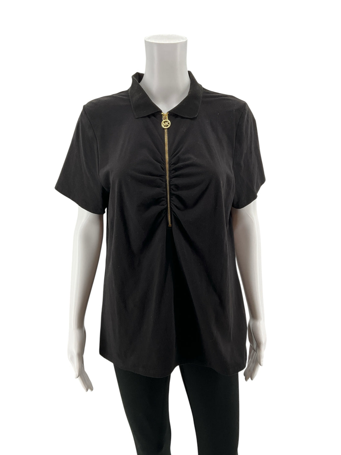 MICHAEL Michael Kors Black Ruched Front Zip Polo Top Size XL