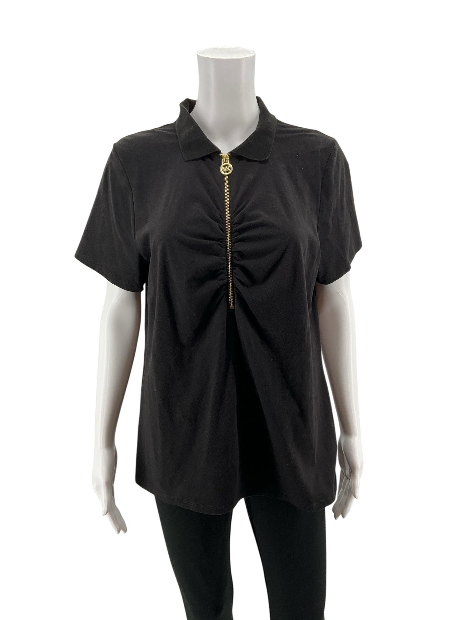 MICHAEL Michael Kors Black Ruched Front Zip Polo Top Size XL
