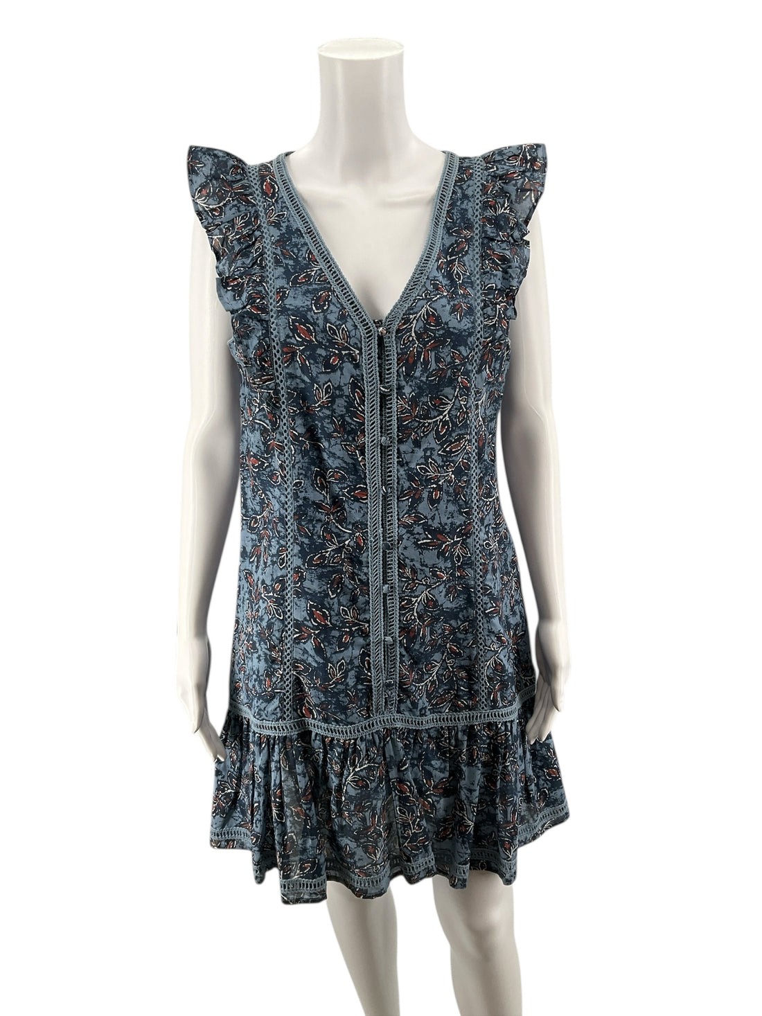 Lucky Brand Blue/rust Floral Boho Floral Crochet Trim V-Neck Mini Dress Size Small - Size S
