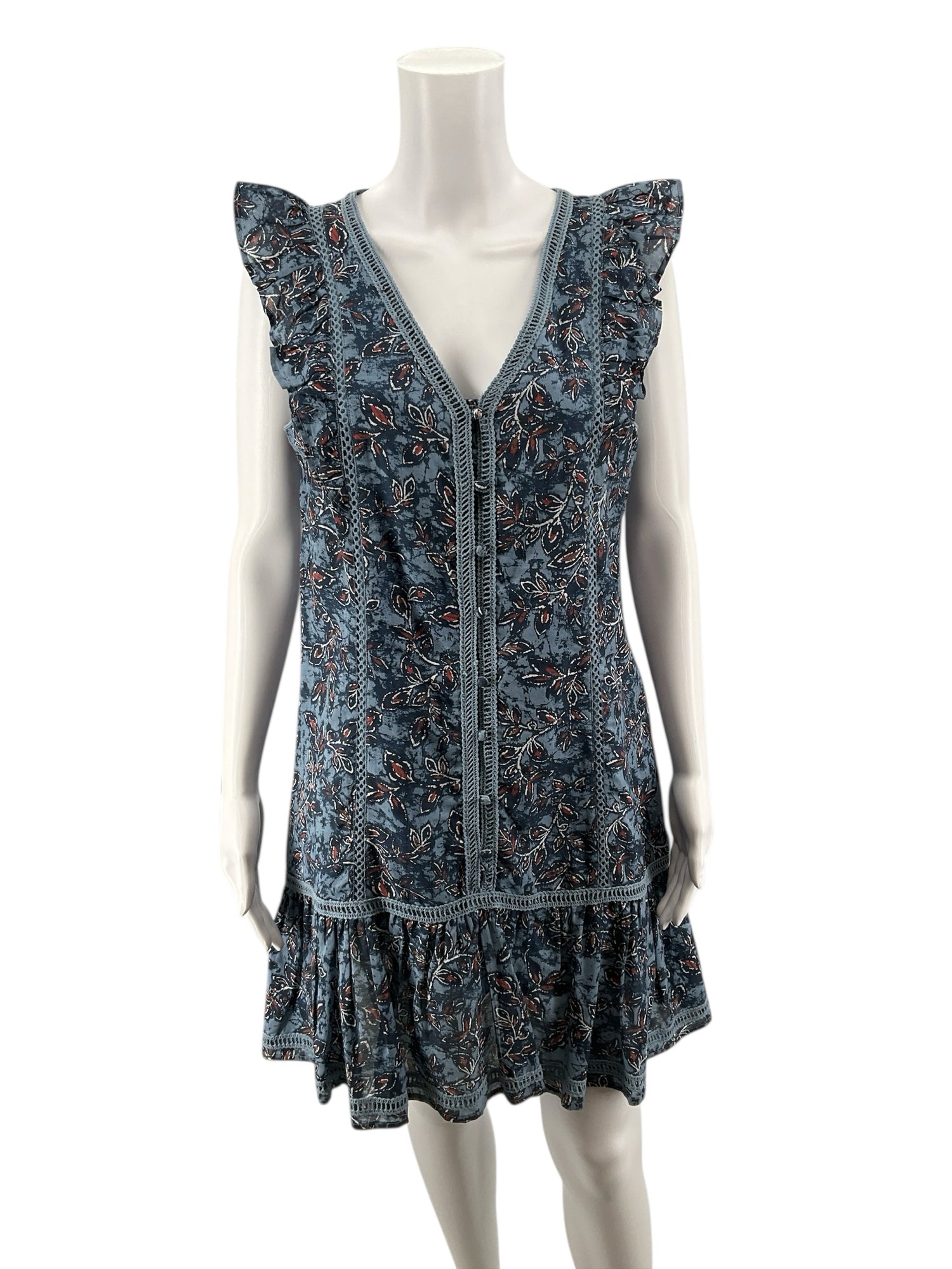 Lucky Brand Blue/rust Floral Boho Floral Crochet Trim V-Neck Mini Dress Size Small - Size S