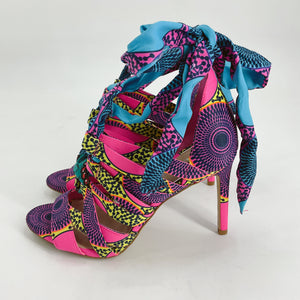 Gianni Bini Pink/Multi Print Heel - Size 8 with bold tribal-inspired patterns, strappy design, and ankle wrap ribbons in blue and pink tones.