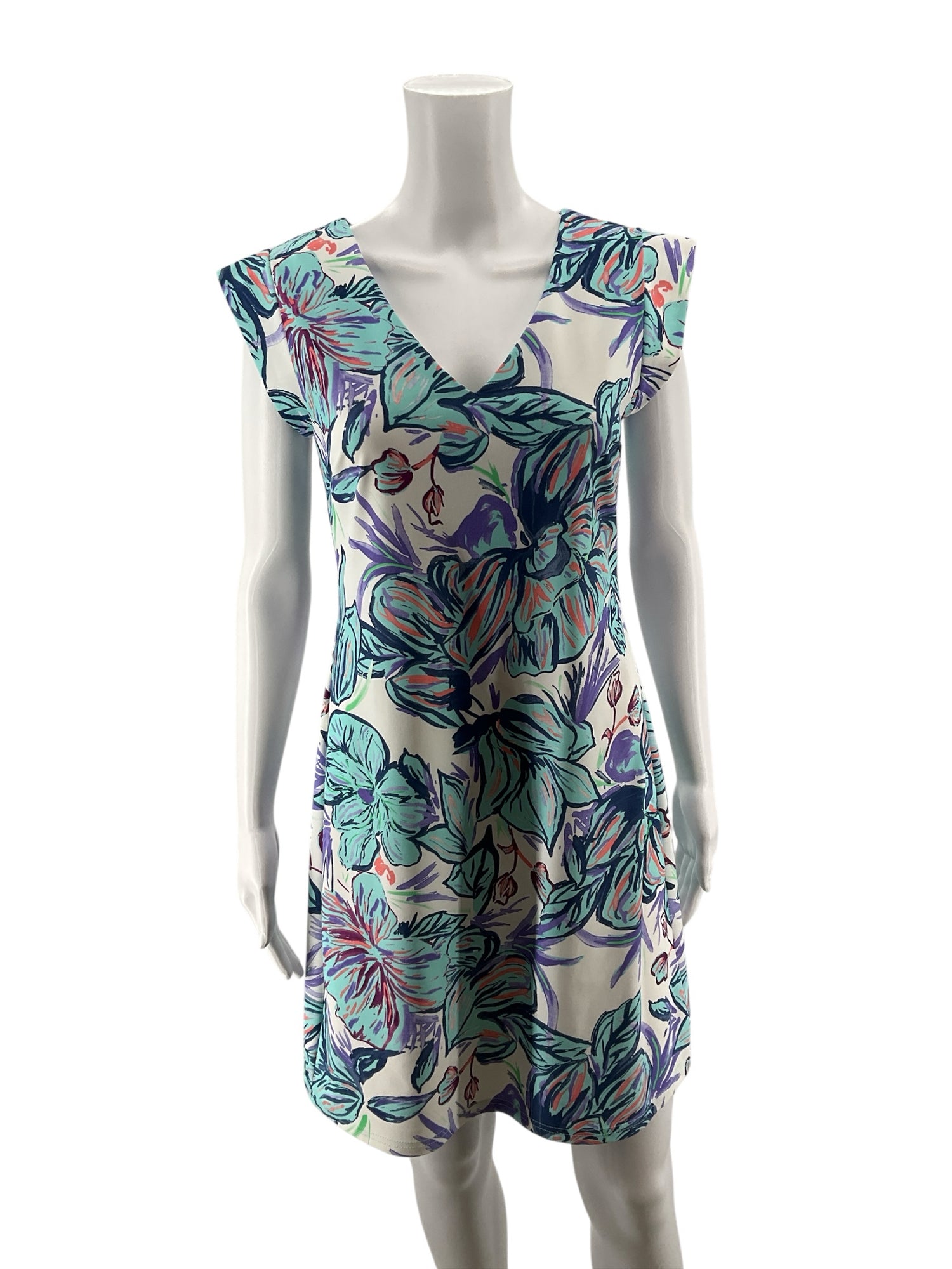 Aryeh Floral Cap Sleeve A-Line Shift Dress White Aqua Blue Size Small