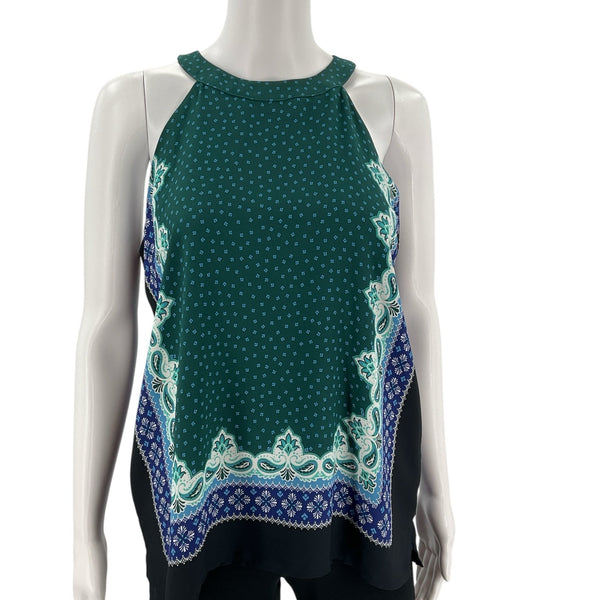 Loft Green Multi Print Top Small | Sleeveless Consignment Style with front paisley border and polka dot design, ideal for casual wear.