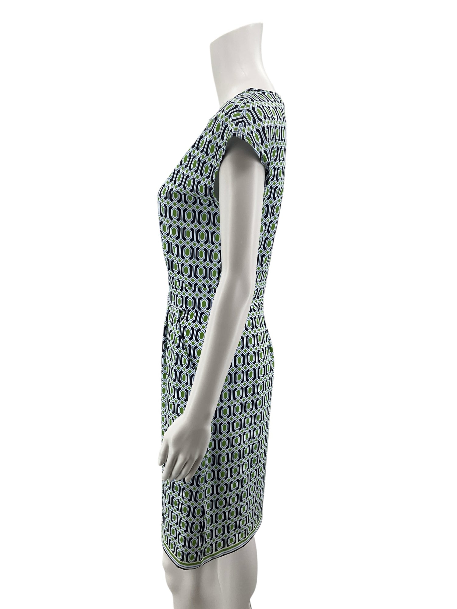 Jude Connally Tinsley Dress XS White Blue Green Geometric Hexagon Print Cap Sleeve