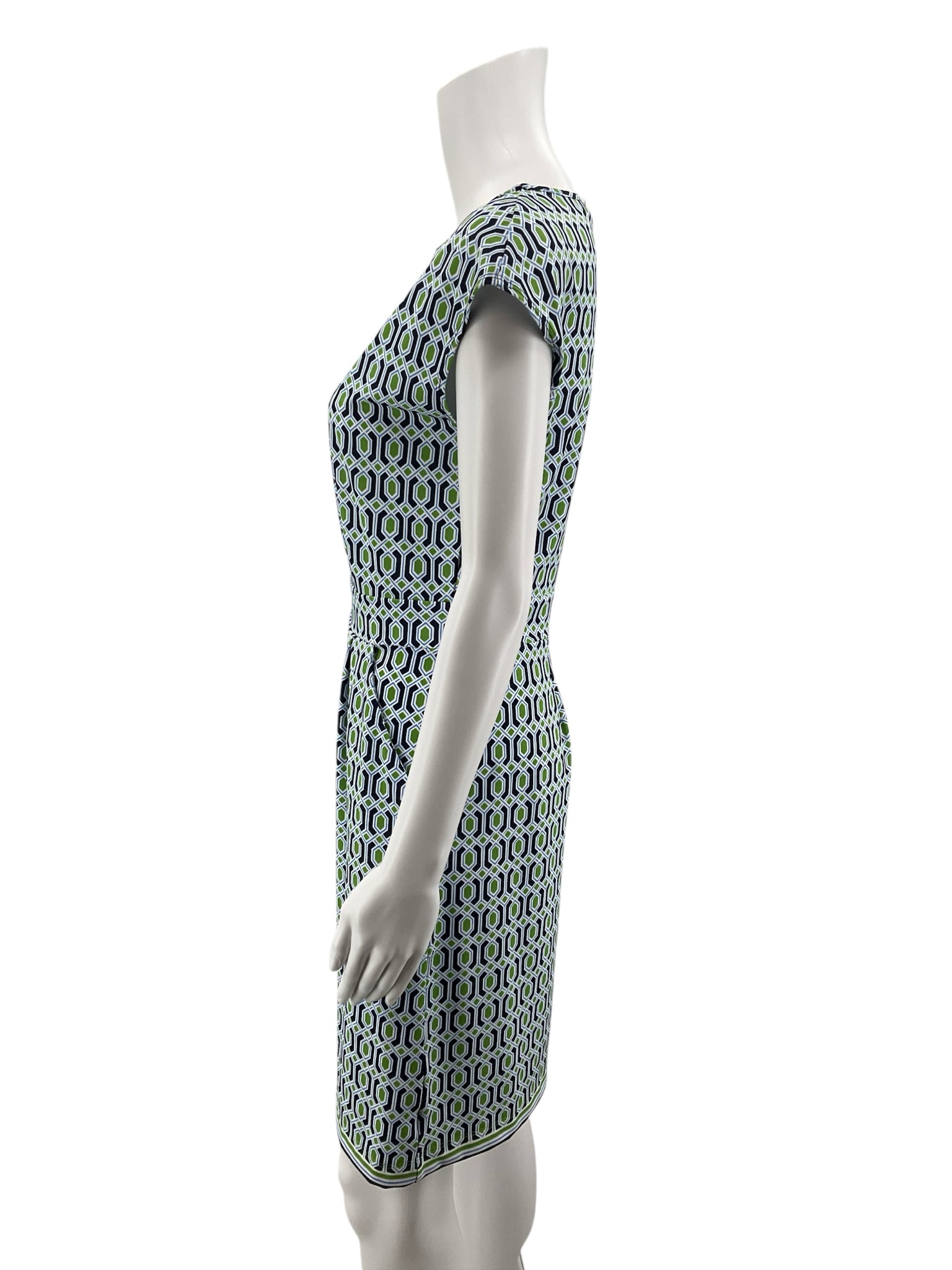 Jude Connally Tinsley Dress XS White Blue Green Geometric Hexagon Print Cap Sleeve