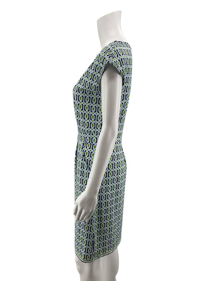 Jude Connally Tinsley Dress XS White Blue Green Geometric Hexagon Print Cap Sleeve