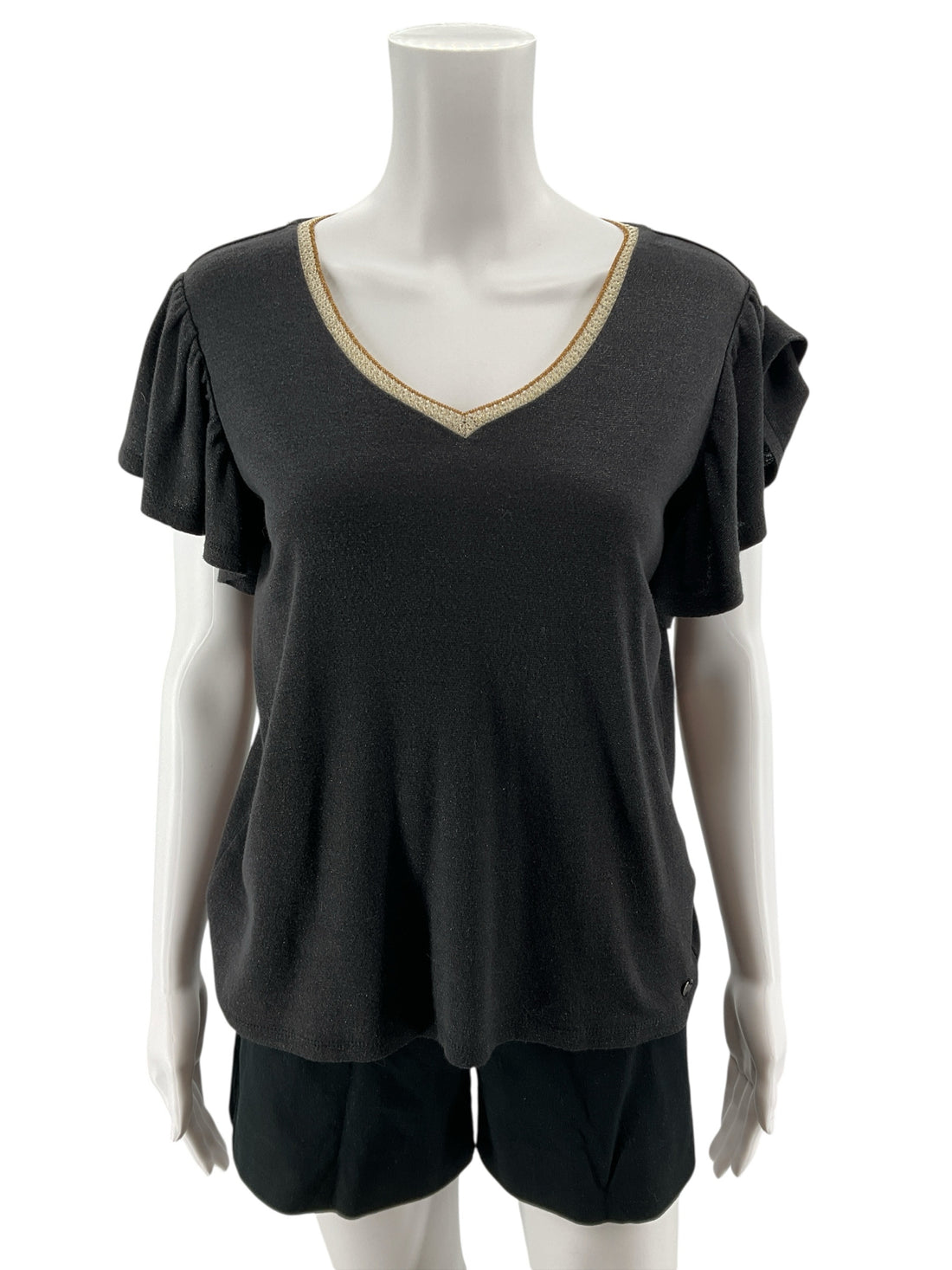 GARCIA Charcoal Sparkle Metallic Knit Top V-Neck Short Sleeve Medium