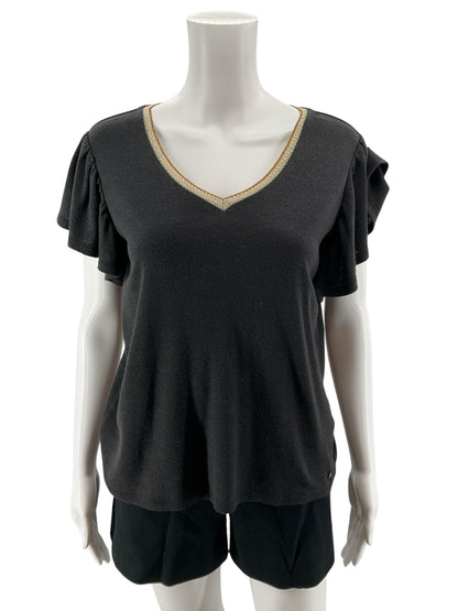 GARCIA Charcoal Sparkle Metallic Knit Top V-Neck Short Sleeve Medium