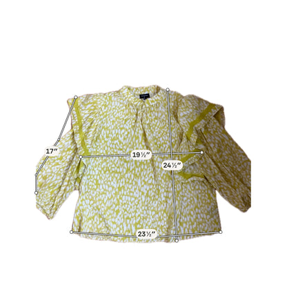 WHO WHAT WEAR mustard/white 3/4 Sleeve Mustard &amp; White Animal Print Ruffle Sleeve Blouse Top Size XL - Size XL