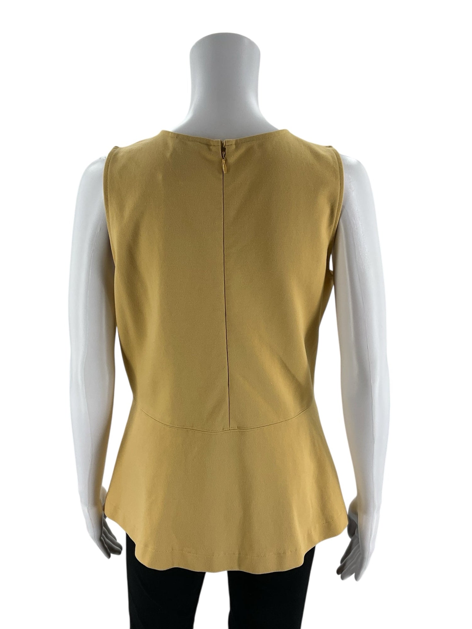 Ann Taylor mustard peplum blouse with buttons, sleeveless design, size medium, ideal for career wear.