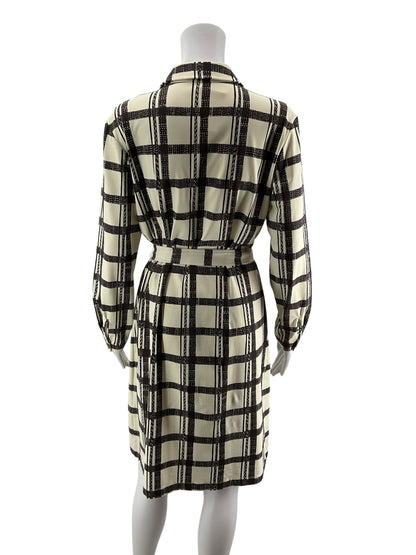 J.McLaughlin Cream &amp; Brown Grid Plaid Catalina Cloth Shirtdress | Size Medium