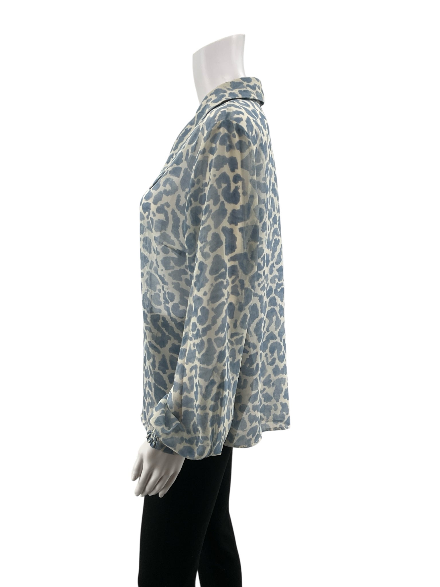 cabi blue/white Long Sleeve Tuxedo Blouse Blue Leopard Print Sheer Long Sleeve Top Size Medium - Size M