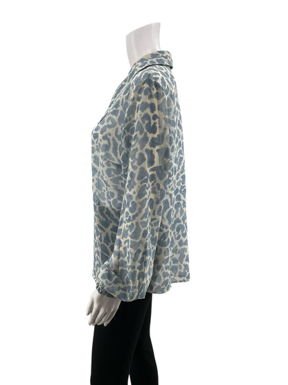 cabi blue/white Long Sleeve Tuxedo Blouse Blue Leopard Print Sheer Long Sleeve Top Size Medium - Size M