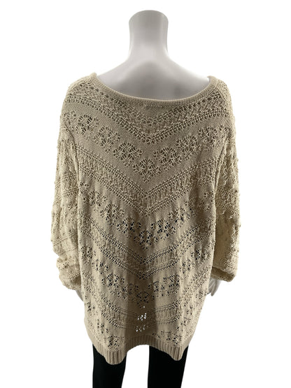 J. Jill Tan Open Knit Boho Sweater Cotton Blend V-Neck Pullover Top XL