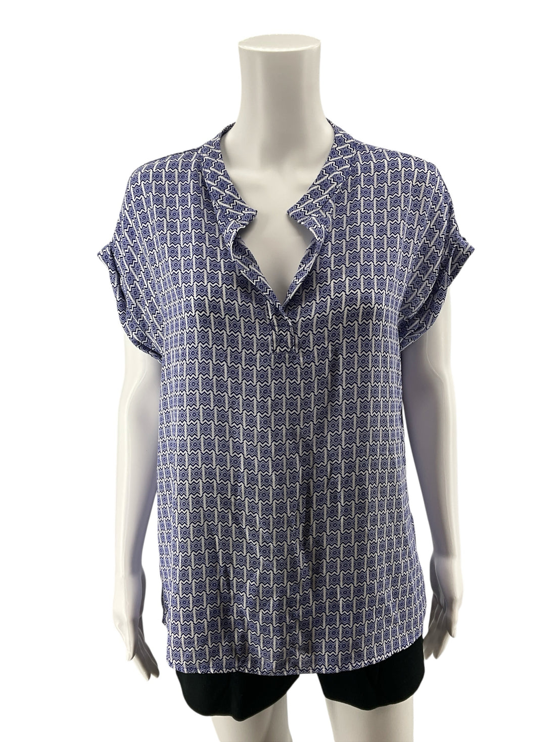 Pleione Geometric Print V-Neck Roll Tab Sleeve Blouse Top Size Medium