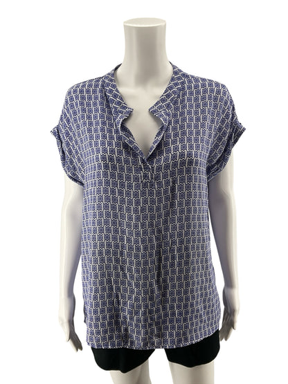Pleione Geometric Print V-Neck Roll Tab Sleeve Blouse Top Size Medium
